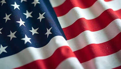 Fototapeta premium American Flag in the Breeze: A close-up capture of the American flag billowing in the wind, its vibrant stars and stripes a symbol of freedom, independence, and national pride.