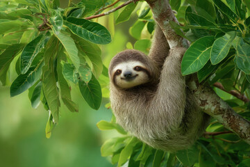 Fototapeta premium A three-toed sloth hangs contentedly from a lush green tree branch, its fur a mix of brown and gray, displaying a calm and peaceful expression. : Generative AI