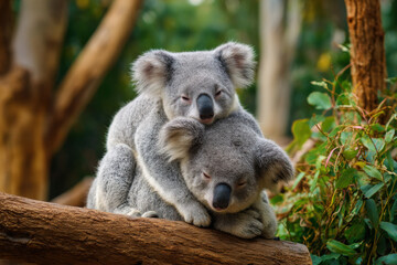 Fototapeta premium Two adorable koala bears cuddling on a tree branch, showing affection and tranquility in their natural habitat. The soft fur and peaceful expressions create a heartwarming scene. : Generative AI