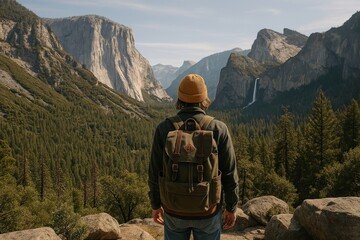 Adventurer explores majestic landscape.