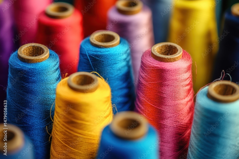 Poster colorful spools of thread in sharp focus with vibrant hues and blurred background, colorful spools o
