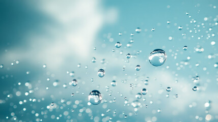 Water droplets against a cloudy blue sky background.