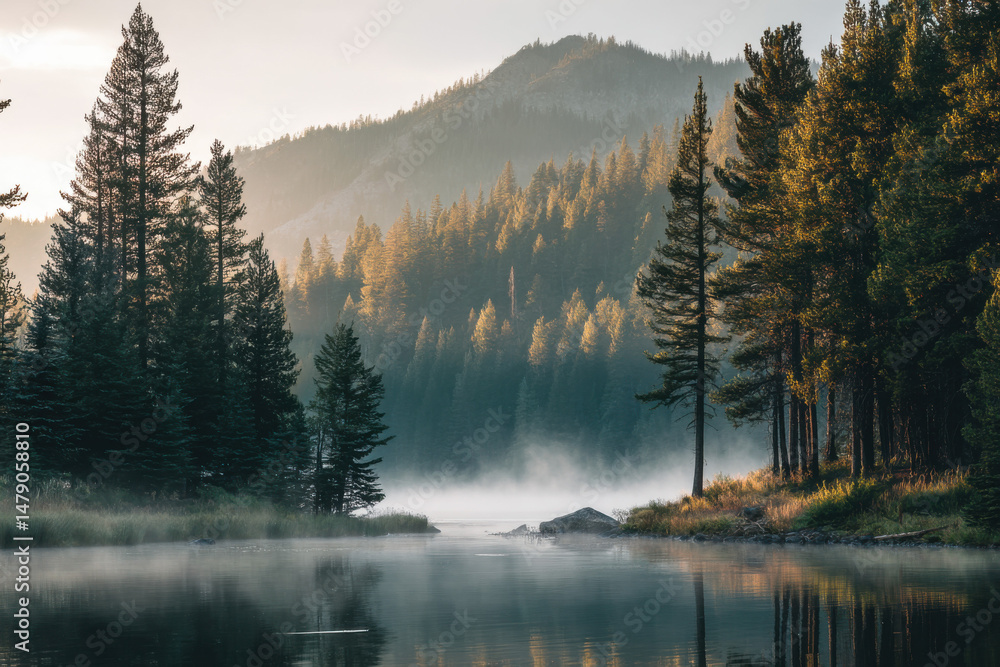 Poster serene sunrise over a misty lake, surrounded by tall evergreen trees and a majestic mountain in the 