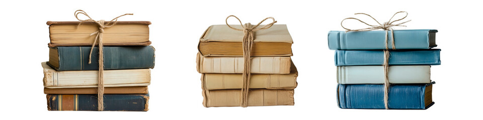 Collection of vintage books tied with string, transparent background.