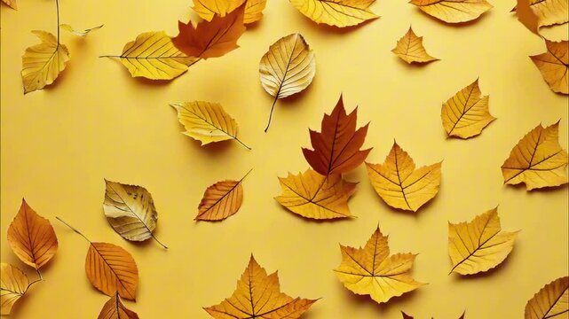 Minimalistic autumn background. Yellow leaves flying on yellow background flat lay top view. Falling autumn leaves concept, creative mockup