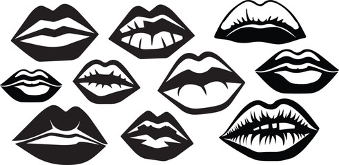 lips silhouette vector art illustration. Black lips vector. lips icons black line art vector logo.  Black lips kiss mouth isolated