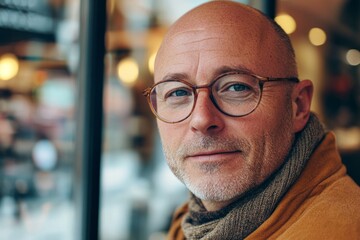 Fototapeta premium Portrait of a middle-aged bald businessman wearing eyeglasses and scarf, looking outside a coffee shop window