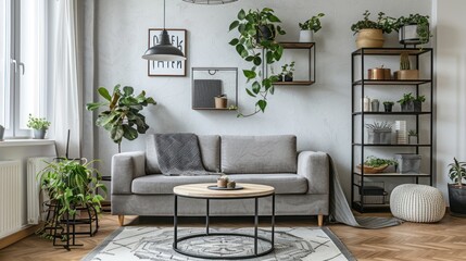 A modern living room with a grey sofa, a round coffee table, a rug, and plants