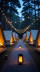 Cozy glamping tents illuminated by warm string lights in a forest at twilight, creating a magical outdoor scene with symmetry, tranquility, and a romantic camping atmosphere

