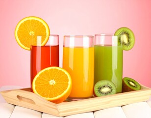 Fototapeta premium Three colorful juices with fruit slices on wooden tray, kiwi and orange beside, pink background.