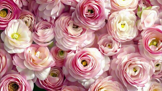 Beautiful floral background. Asian flowers ranunculus or buttercups close-up. Lush inflorescences, delicate colors. Natural background, wallpaper. Floral pattern