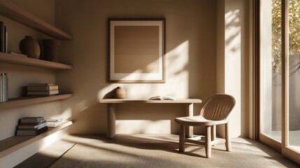 Balanced beige and wood elements in a harmonious home office environment