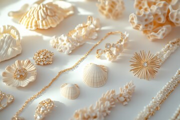 Handcrafted Summer Jewelry with Seashell Pendants, Coral-Inspired Bracelets, and Sunburst Earrings on White Background