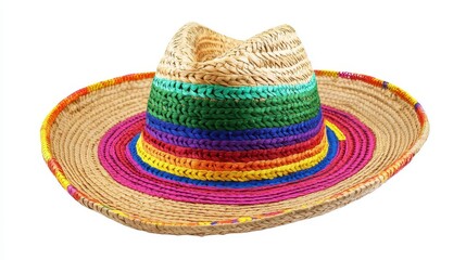 Colorful straw hat with rainbow bands, isolated on white background.