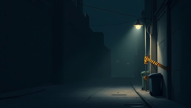 Dark Alleyway: A dimly lit, shadowy alleyway shrouded in mist, illuminated only by a lone street lamp, creates an eerie, atmospheric scene perfect for mystery and intrigue.
