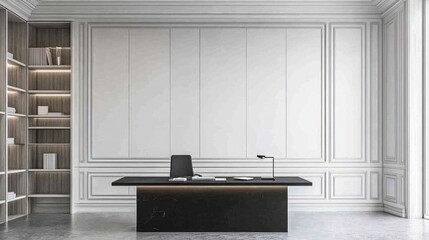 Clean and modern workspace with black stone top, gray shelves and classic white paneled wall design