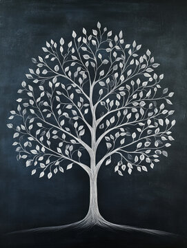 Chalk drawing of a tree on a blackboard.