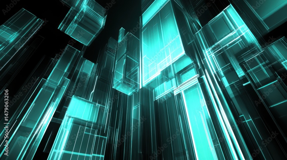 Poster abstract architecture perspective of cyan glass structures in dark space low angle view
