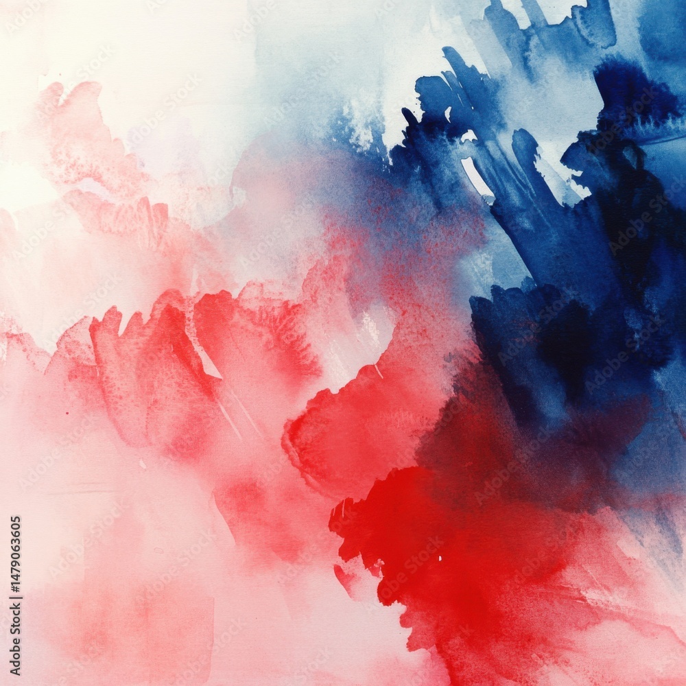 Poster abstract watercolor painting featuring red and blue hues on canvas creating a dynamic and expressive