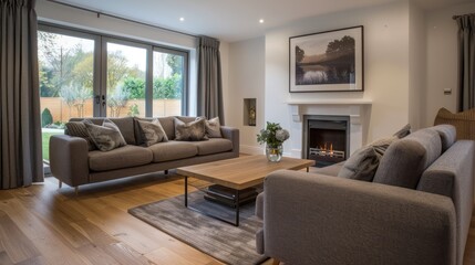 Modern living room with patio view