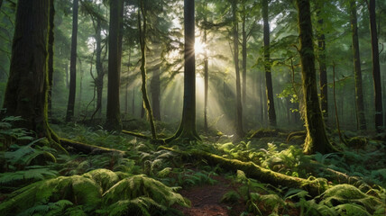 A dense, old-growth forest covered in early morning mist, beams of soft light filtering through tall trees, lush green undergrowth, moss-covered ground, tranquil atmosphere