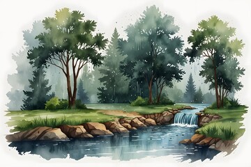 Rainfall collecting in a watershed in watercolor style