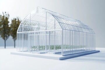 Obraz premium Architectural Model of Greenhouse with Miniature Functional Irrigation System on White Background in Minimalist Composition