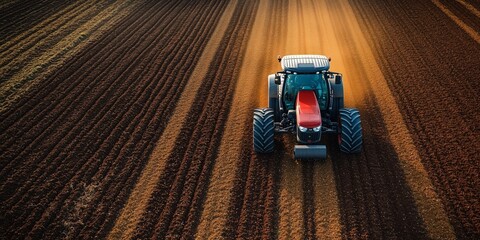 a smart tractor equipped with sensors and GPS technology, planting seeds in straight rows, blank space on the right for copy, bright sunny day