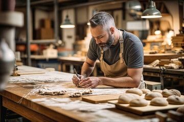 Baker drawing shapes in flour on a wooden table with rows of proofing dough, creating art in a workshop. Culinary artisan crafting pastry designs.