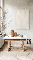 Rustic dining room scene with table, art, and decor. Serene, minimal, and natural aesthetic