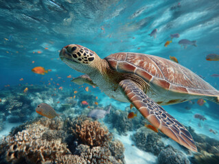 Fototapeta premium A majestic green sea turtle gracefully swims through a vibrant coral reef, surrounded by colorful tropical fish in a clear ocean. : Generative AI