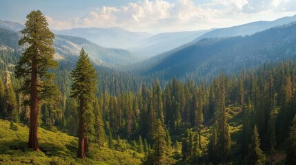 Majestic Sequoia Trees Towering Over Lush Green Forest in Yosemite Valley California USA Scenic View