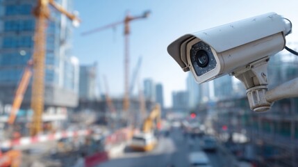 A 4K photo of close-up of a security camera monitoring an urban construction site, ensuring safety and surveillance against a blurry background of buildings and a crane.