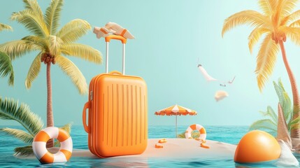 Obraz premium Orange suitcase on a tropical beach with palm trees, beach umbrella, and life preserver.