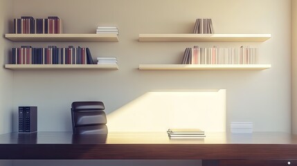 Minimal office scene with floating beige shelves and a dark wood-patterned desktop