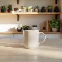 Obraz premium Minimalist Kitchen Scene with White Mug and Indoor Plants