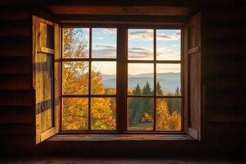 Beautiful autumn landscape view through cabin window at sunrise with vibrant foliage, Cabin Window with Autumn Landscape View at Sunrise, ing
