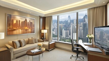 Soft beige tones wrap around the workspace, centered by a warm, wood-textured desk