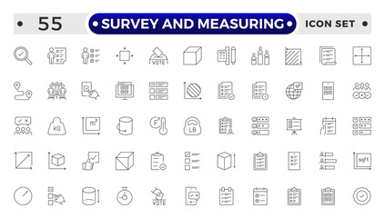 Set of outline geodetic survey and measuring icons. Minimalist thin linear web icon set.