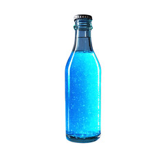 Glowing blue liquid in a glass bottle with bubbles against  isolated on white background