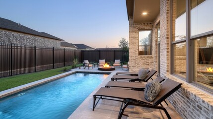 Stylish backyard oasis with pool and fire pit.