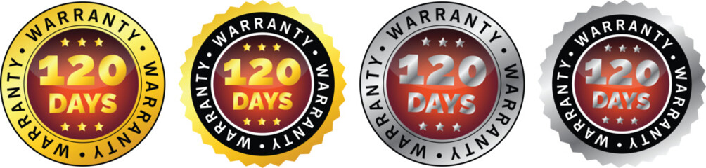 Set of four 120 days warranty badges in gold, bronze, silver, and metallic finishes with star decorations, used for product reliability and certification visuals	