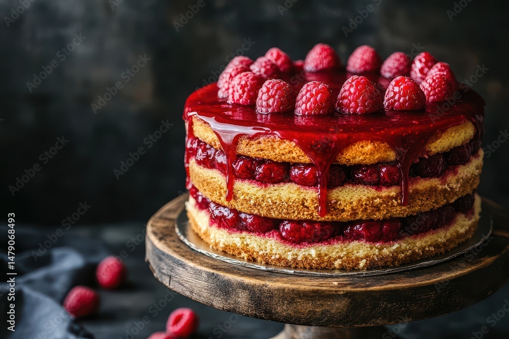 Poster Decadent raspberry cake with layers and glossy raspberry glaze served on a wooden platter, Decadent raspberry cake with layers and glossy glaze on rustic stand
