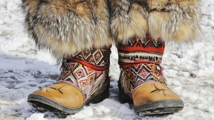 Thick fur shawl made from animal skin displayed beside boots and pants in traditional Inuit style
