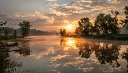 Obraz premium Serene sunrise over a calm river, mist rising from the water, reflecting the golden light and silhouettes of trees on the banks, creating a peaceful and idyllic scene. : Generative AI