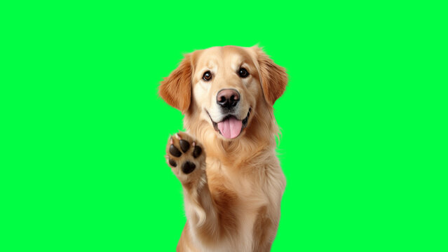 Golden retriever waving paw, element on green screen