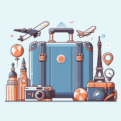 vacation, suitcase, travel, trip, tourism, journey, holiday, summer, baggage, bag, luggage, tour, tourist, illustration, airplane, design, isolated, vector, voyage, business, object, background, trave