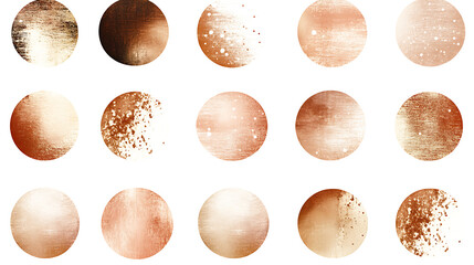 Rose gold circular shapes kit. Vector stain rings. Golden round shape collection. Grungy eroded polka dot pattern. Tiny small messy round shiny metallic stamps. Emblem, logo graphic elements