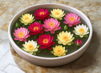 Colorful lotus flowers floating in a water lily pot