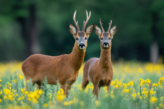Two roe deer bucks stand alert in a vibrant yellow wildflowers meadow, their antlers prominent against a soft green forest background. : Generative AI